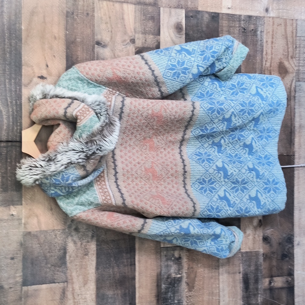 Vintage Nordic Scandinavian Wool Blend Faux Fur Hooded Blanket Coat Sz XL Women - Picture 16 of 17